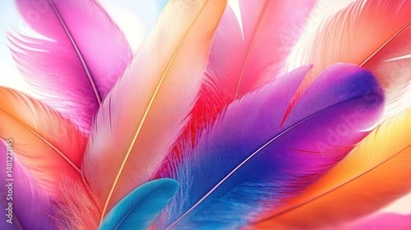 Fototapeta Close-up of colorful vibrant feathers with various shades of pink, purple, blue, orange and yellow showing soft textures and delicate details