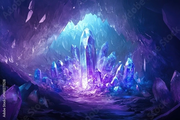 Obraz A mystical cave, filled with vibrant,  ice-blue crystals, bathed in ethereal light