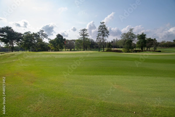 Fototapeta Golf course under a clear blue sky with scattered cloud green fairway is bordered by clusters of trees, offering a tranquil and scenic view for tournament preparation or early play..