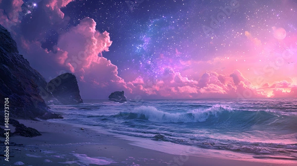 Fototapeta Celestial Shores: A dreamlike panorama of a serene beachscape, where the gentle lapping of waves meets the soft glow of the starlit night, inviting tranquility.