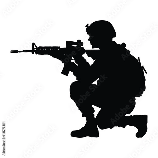 Obraz Soldier aiming rifle in crouched position