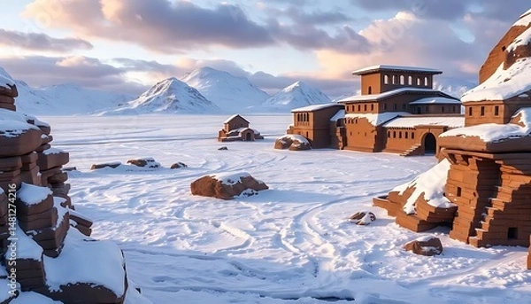 Fototapeta Frozen landscape reveals ancient stone dwellings under a winter sky