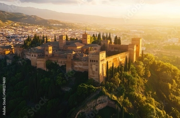Obraz Majestic castle atop a hill, bathed in golden sunset light