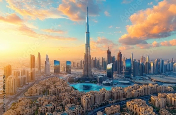 Obraz Aerial view of a vibrant city skyline at sunrise, showcasing modern architectural marvels