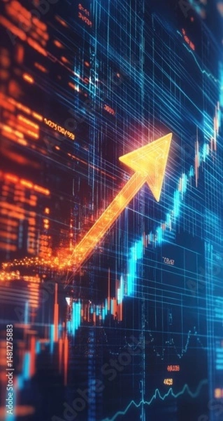 Obraz A surging upward trend, depicted by a vibrant arrow against a backdrop of dynamic financial data