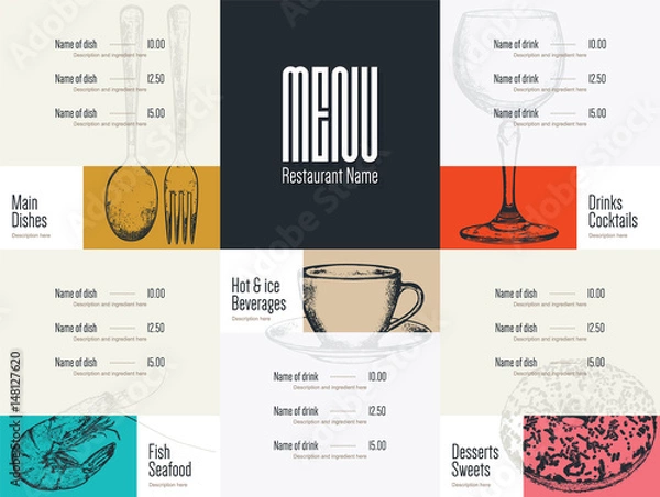 Obraz Restaurant menu design. Vector menu brochure template for cafe, coffee house, restaurant, bar. Food and drinks logotype symbol design. With a sketch pictures