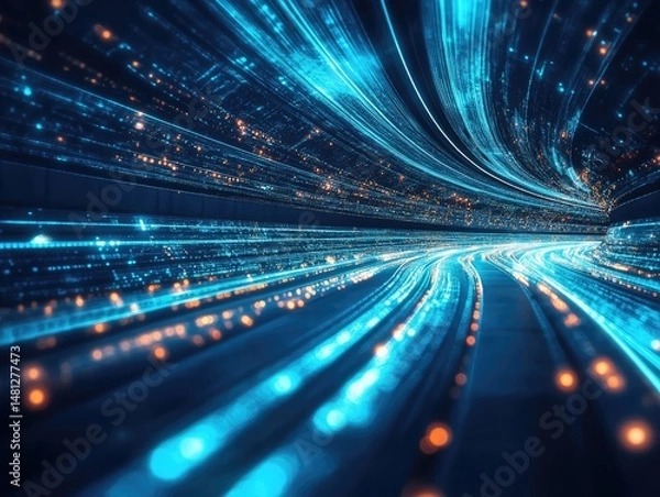 Obraz Fast-moving digital tunnel with vibrant light trails