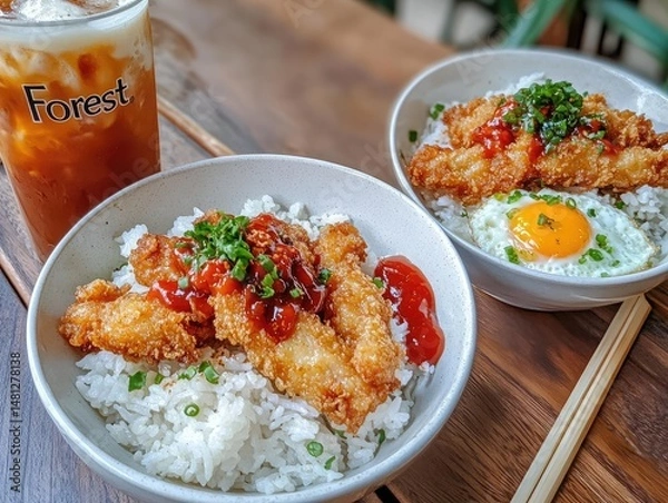 Obraz Crispy fried fish over rice with egg