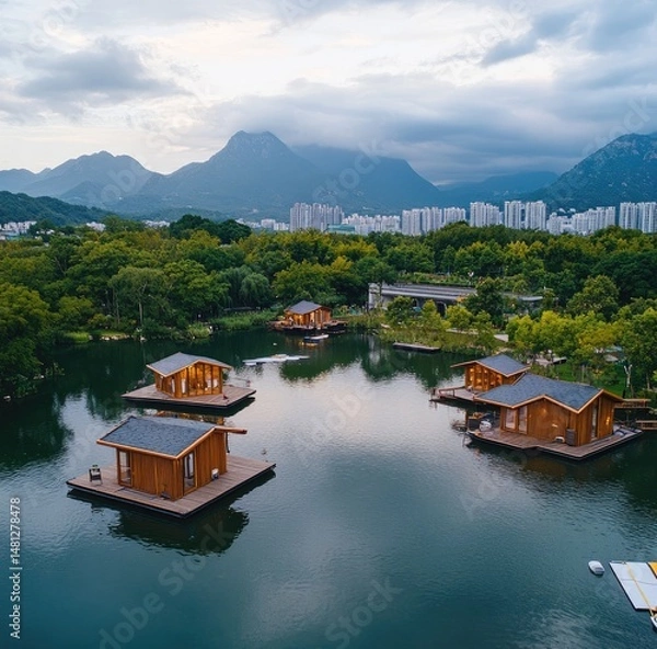 Obraz Floating cabins on a tranquil lake nestled amongst lush greenery, mountains, and cityscape