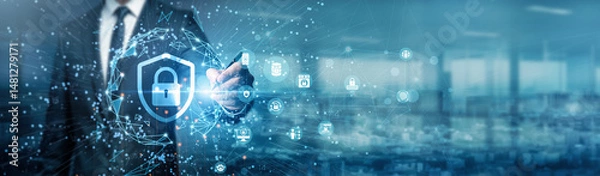 Obraz Hand of businessman drawing graphs monitoring network traffic cybersecurity threat detection firewall protection data encryption risk assessment incident response vulnerability scanning.