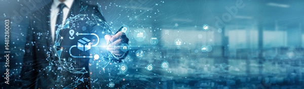 Fototapeta Hand of businessman drawing graphs. logistics plans, manages inventory, coordinates transport, optimizes warehousing, and ensures timely delivery to improve supply chain efficiency and satisfaction.