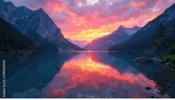 Obraz Sunrise paints vibrant hues across a serene mountain lake ,  golden hour,  ray