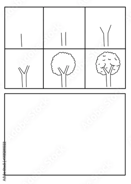 Fototapeta Tree drawing tutorial. A step-by-step guide to drawing a simple sheep. Ideal for kids learning to sketch plants. Directed drawing for kids, i can draw activity