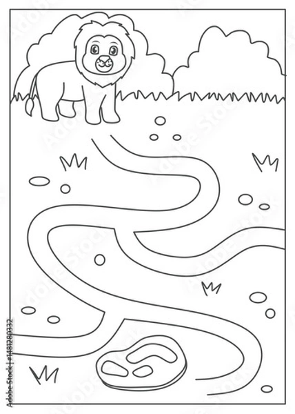 Obraz Help the lion to find its way through the path, Maze worksheet full color in theme animals, lion labyrinth activity for kids, balck and white maze printable for kindergarten, maze coloring page