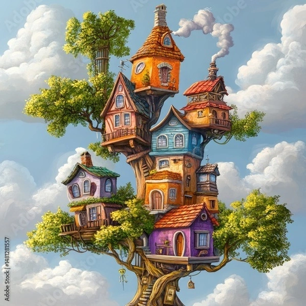 Obraz Colorful treetop village nestled in the clouds