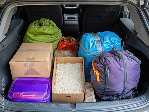 Obraz Packed car trunk with camping gear and boxes