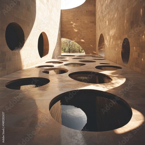 Obraz Modern architectural space with circular voids