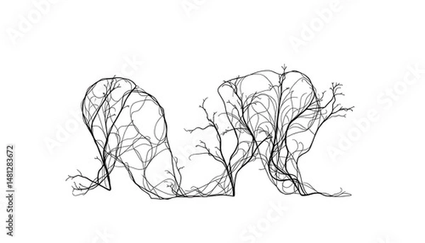 Fototapeta Conceptual minimalist black and white illustration of intertwined tree silhouettes