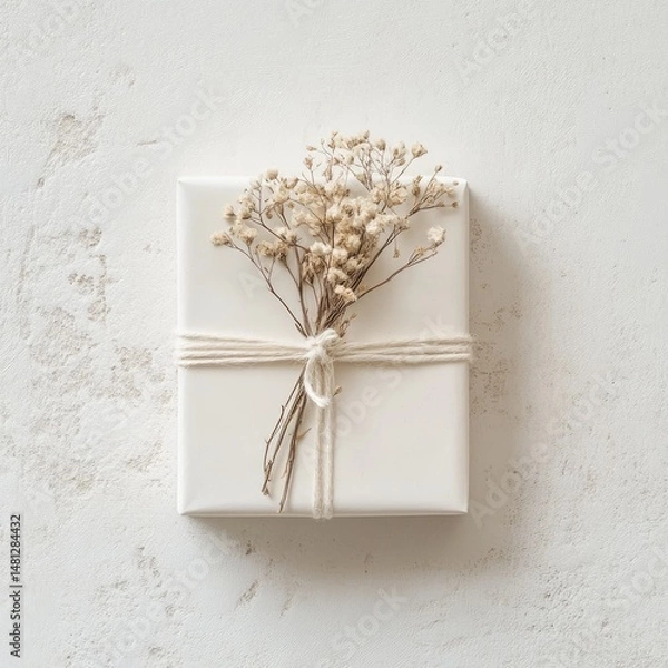 Obraz Simple white gift box adorned with dried flowers