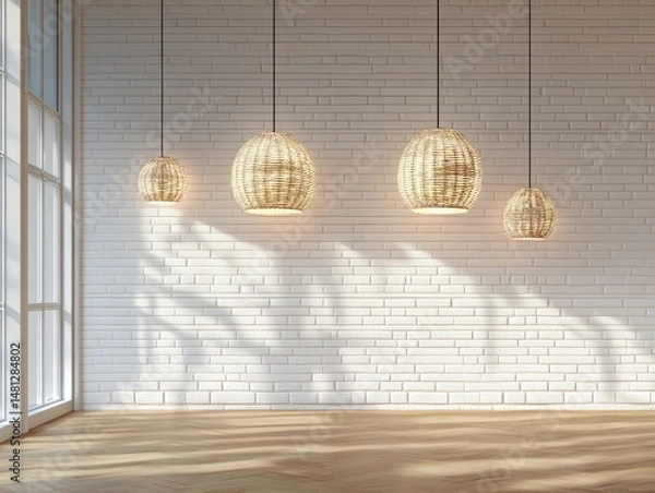 Obraz Empty, bright room with  natural light and woven pendant lamps