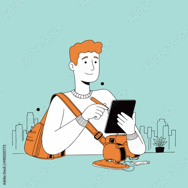 Fototapeta Man Using Tablet with Cityscape Background
