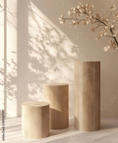 Fototapeta A serene interior scene showcasing three wooden stools positioned on a warm wooden floor. with soft sunlight casting gentle shadows and highlighting the minimalist design