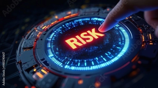 Fototapeta Close-up of a finger about to press a glowing red button labeled risk on a futuristic digital interface surrounded by blue and orange lights conveying urgency and caution