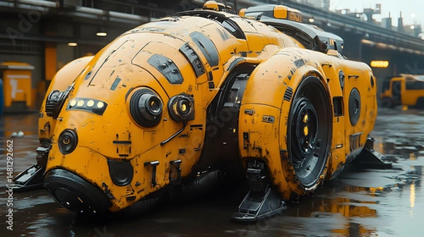 Fototapeta Futuristic, yellow, bio-organic vehicle rests on wet ground in industrial setting.  Details include sensors, panels, and robust wheels