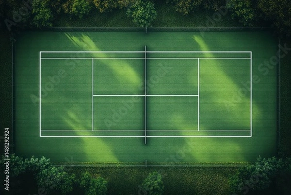 Fototapeta Aerial view of an empty tennis court surrounded by lush green trees with sunlight casting soft shadows on the court surface