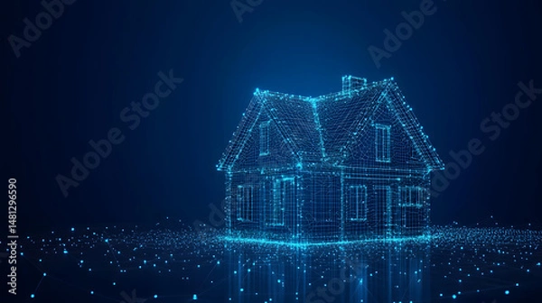 Fototapeta Futuristic glowing blue wireframe house on a digital landscape. Ideal for illustrating smart homes, technology, and modern architecture concepts. Abstract wireframe in dark blue.