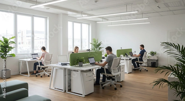 Obraz Four people working at desks in a bright modern office space