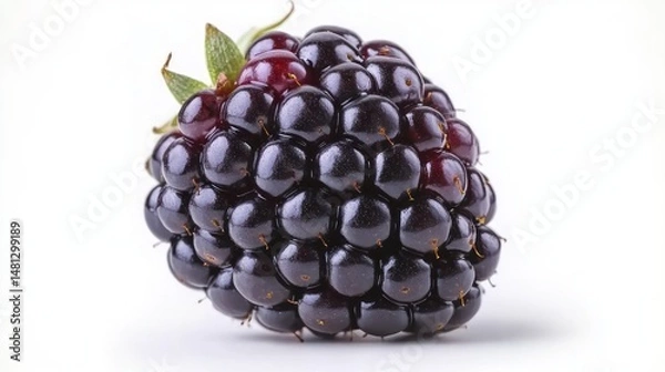 Obraz Close-up of a ripe blackberry with glossy deep purple drupelets and small green leaves on a white background
