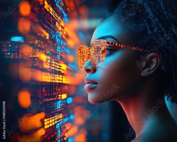 Fototapeta Focused woman wearing reflective glasses looking at glowing digital code on screen with intense blue and orange lighting