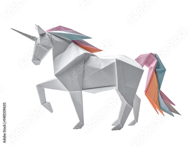 Fototapeta Colorful Origami Unicorn Figure on Black Background