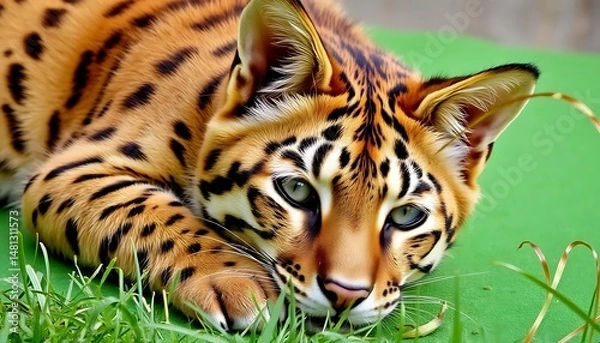 Fototapeta Captivating portrait of a bengal cat resting peacefully on lush green backdrop