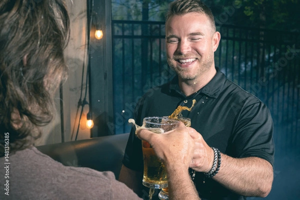 Obraz Friends celebrating and cheering with beer pints for National Beer Lover's Day.
