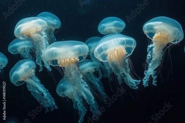 Fototapeta Group of translucent jellyfish gracefully floating in dark blue ocean water radiating soft light from inside