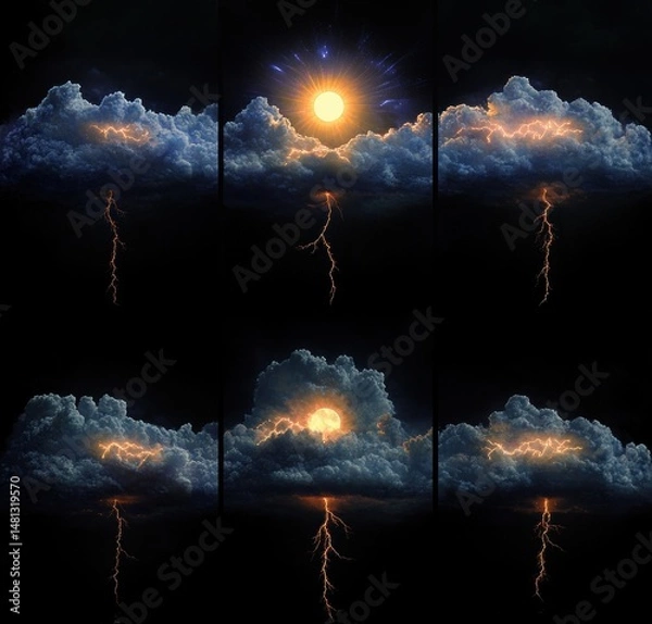 Fototapeta Dark storm clouds illuminated by lightning strikes and a glowing sun partially obscured by clouds against a night sky, depicting dramatic weather phenomena and energy