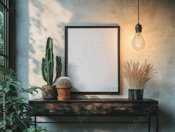 Fototapeta Cozy interior scene with potted cacti and dried plants on a dark wooden console table beneath a blank framed picture and warm glowing hanging light bulb