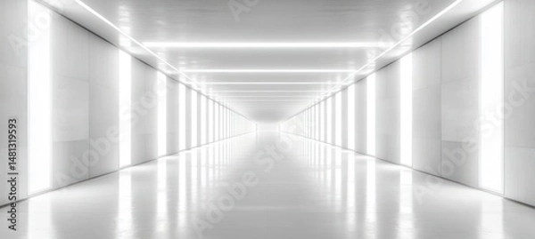Fototapeta Bright white futuristic corridor with illuminated panels on walls and ceiling creating a symmetrical and endless perspective evoking a sense of infinity and sterility
