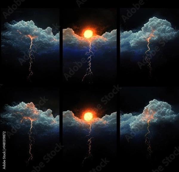 Fototapeta Six-panel sequence showing dramatic thunderstorm with glowing lightning bolts striking down from thick dark clouds illuminated by an intense orange sun behind them