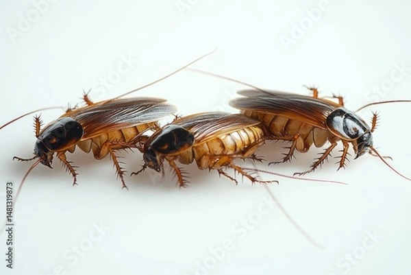 Fototapeta Close-up of three brown cockroaches with visible legs, antennae, and wings on a white background showing detailed textures and reflections