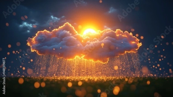 Fototapeta Glowing cloud illuminated by a bright sun, softly raining golden droplets onto a dark ground under a twilight sky, creating a magical and serene atmosphere