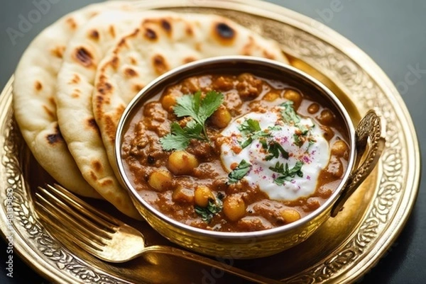Fototapeta Spicy chickpea curry served in a decorative brass bowl with fresh herbs and a dollop of yogurt, accompanied by three pieces of lightly toasted flatbread on an ornate brass plate