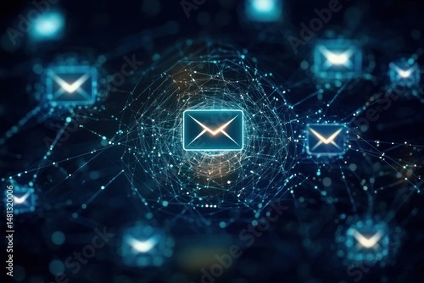 Fototapeta Glowing digital envelopes interconnected by network lines in a dark blue cyber environment symbolizing electronic communication and data exchange
