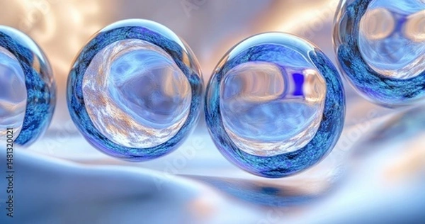 Fototapeta Close-up view of transparent blue spheres with reflective and swirling textures on a smooth surface, conveying a futuristic and delicate atmosphere