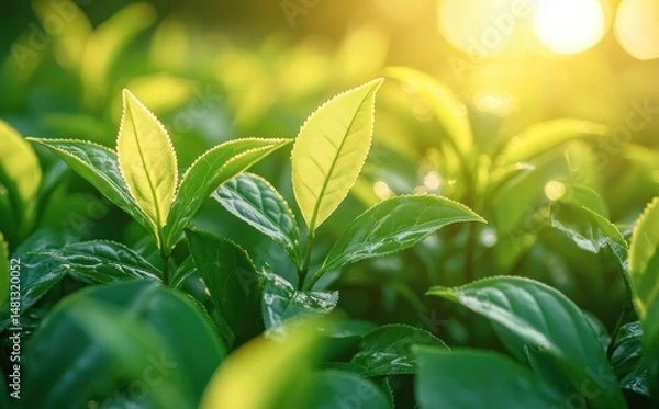 Fototapeta Close-up of fresh green tea leaves glowing in warm sunlight with a soft focused background