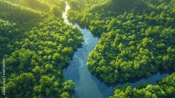 Fototapeta Aerial view of a winding river flowing through dense green forest under sunlight, showcasing vibrant nature and peaceful environment