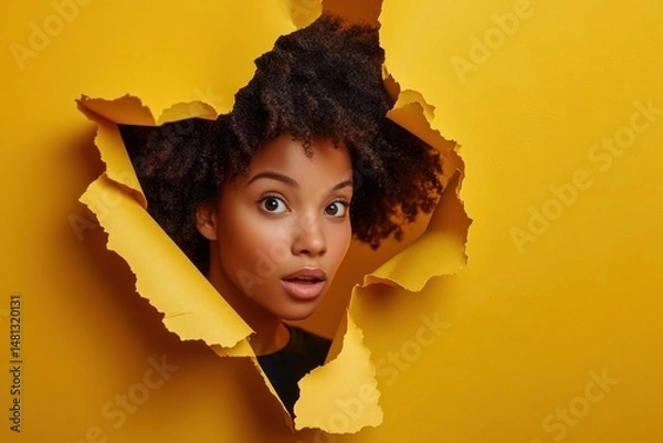 Fototapeta Surprised young woman with curly hair peeking through torn yellow paper background expressing shock and curiosity