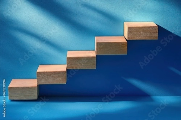 Fototapeta Five wooden blocks arranged as ascending stairs against a blue background casting diagonal shadows with soft natural light